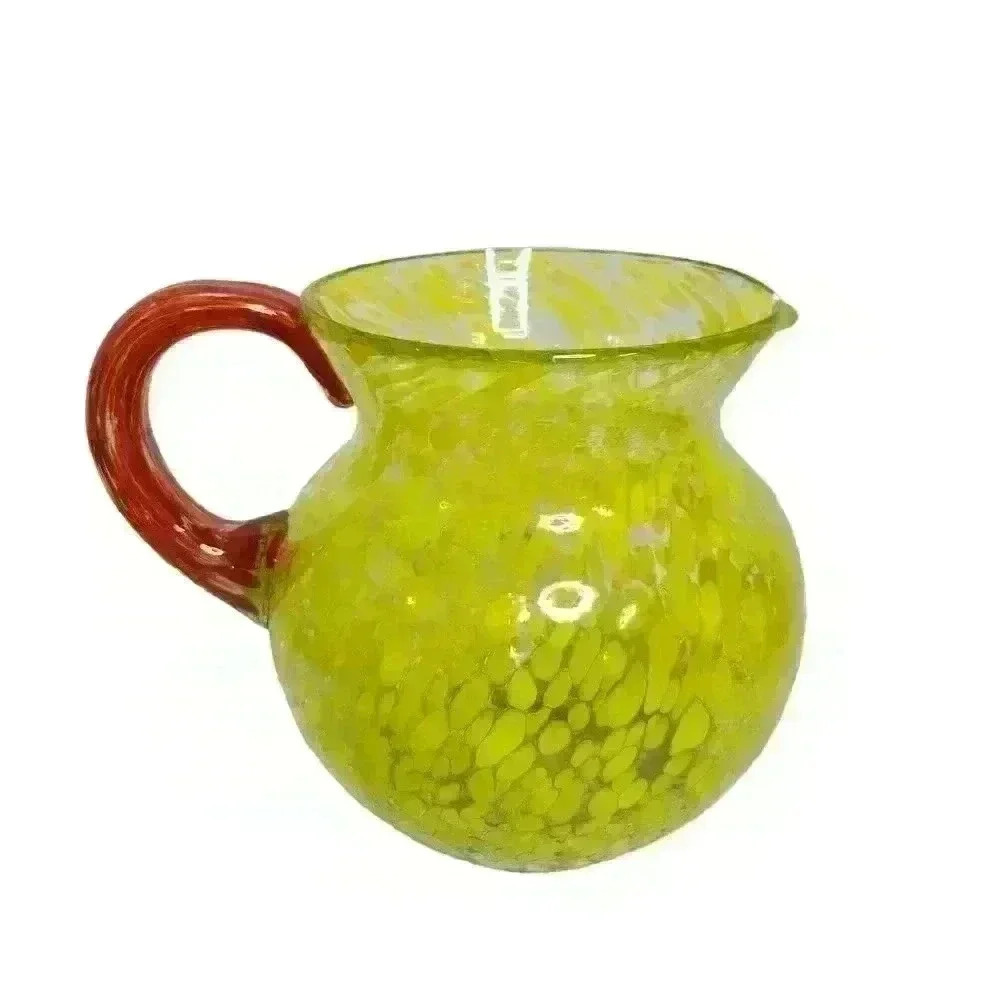 Hand-blown glass water pitcher yellow bubbles red handle. - Picture 2 of 10